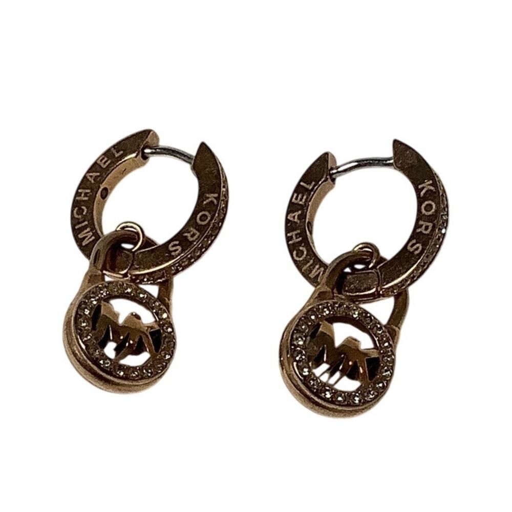 Michael Kors Gold Tone Pave Crystals MK Logo Padlock Dangle Hoop Earrings A7-61